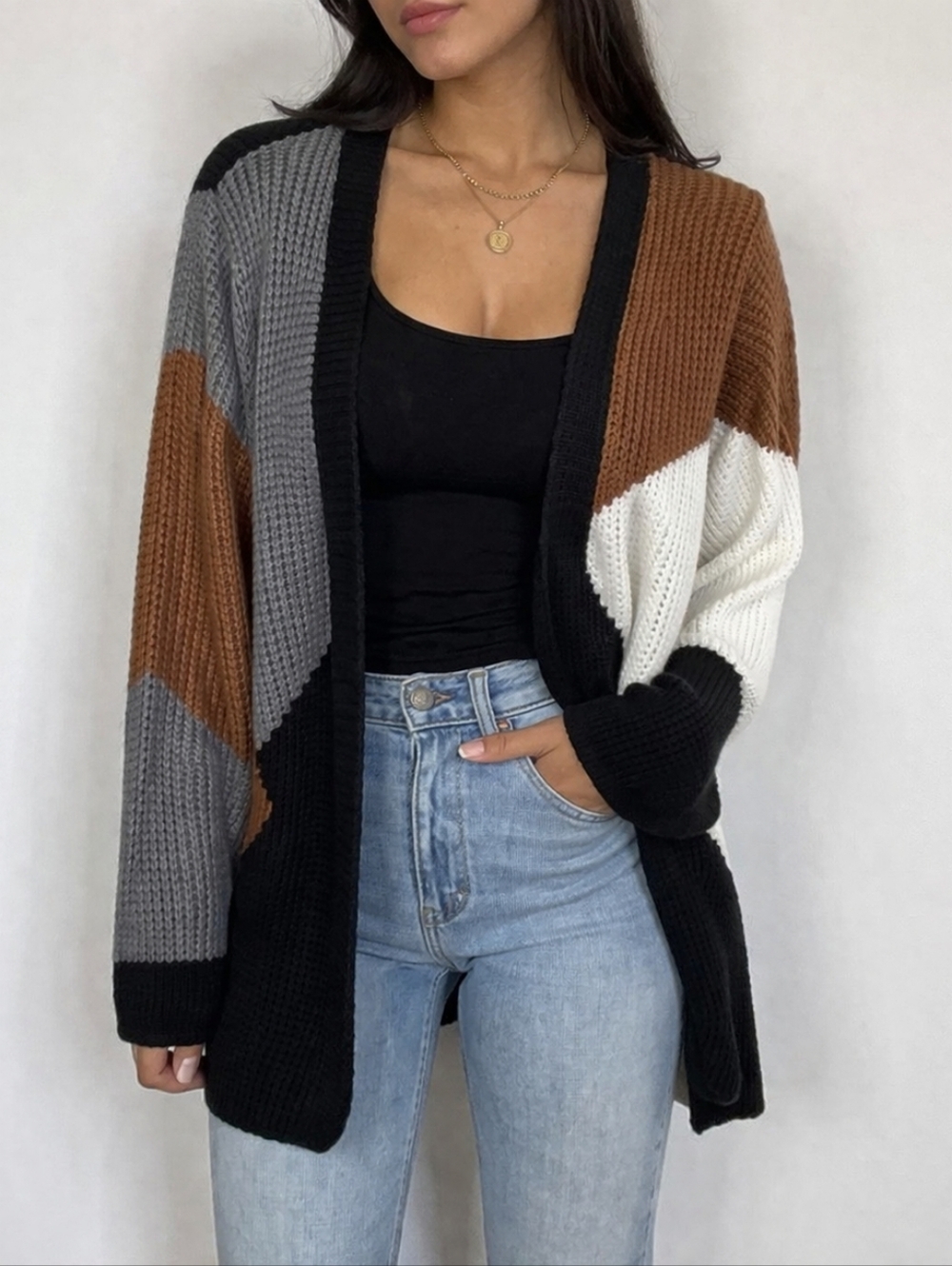 Fortune + Ivy Edwina Colorblock Open Front Longline Cardigan Sweater‎ Size XL